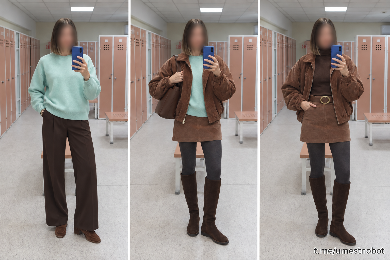 Три сочетания с бирюзовым джемпером, вельветовой юбкой и курткой AIM CLO